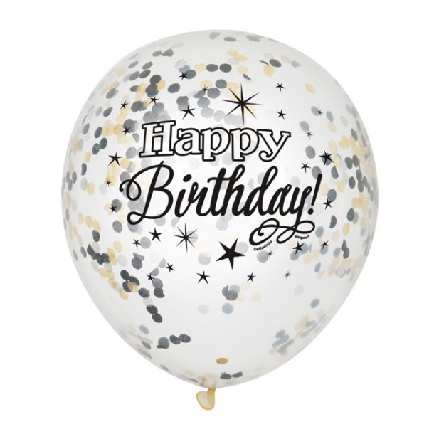 Konfetti ballon, Happy Birthday sort/guld/slv, 6 stk.