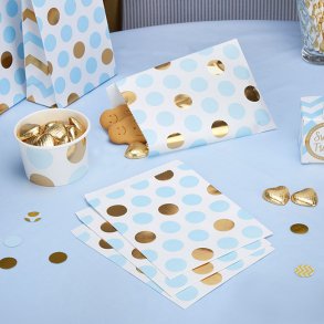 Treat bags af papir, lysebl/guld dots, OBS 25 stk.