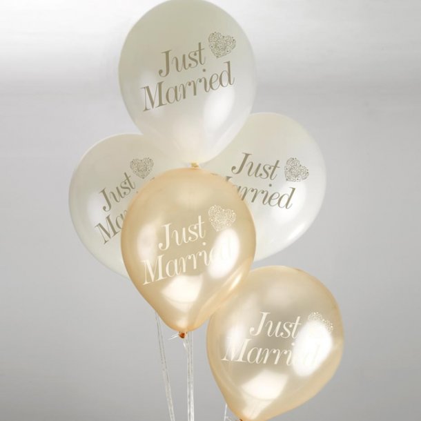 Bryllupsballoner - Just Married creme/guld, 8 stk.
