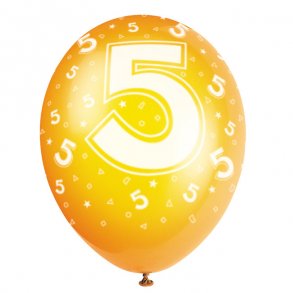 Balloner med 5-tal, blandede farver, 5 stk.
